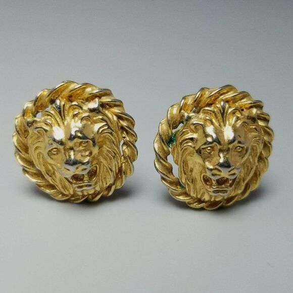 Vintage Lion Head Clip On Earrings, Gold Tone Fierce Big Cat, Retro 80s Style - Picture 5 of 6